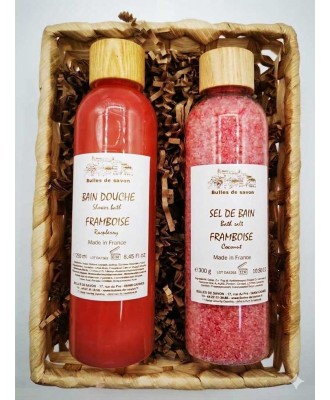 Coffret cadeau bien-être Framboise : corbeille gel douche 250ml et sels de bain colorés 300g - Bulles de Savon.