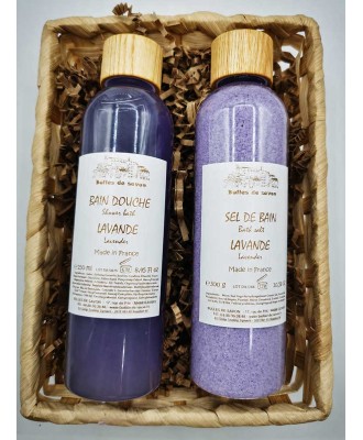 Coffret cadeau bien-être lavande : corbeille gel douche 250ml et sels de bain colorés 300g - Bulles de Savon.